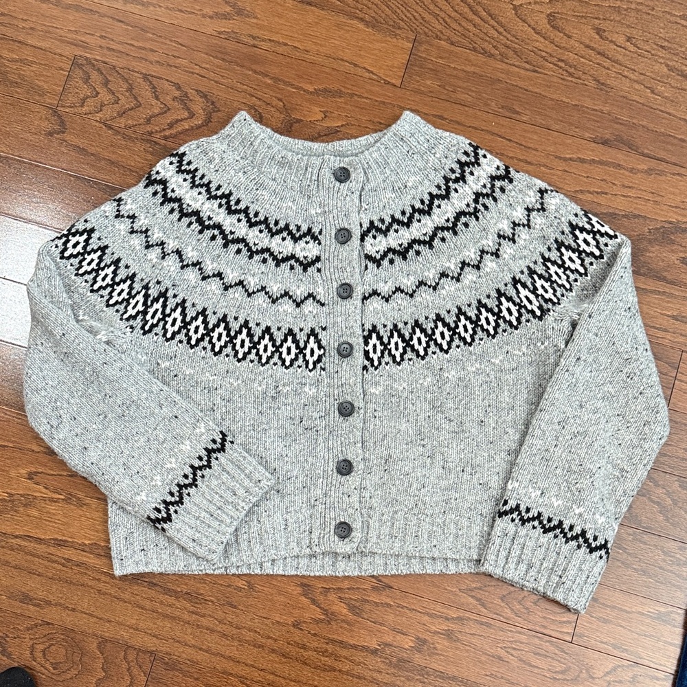 J. Crew Grey and Black Fair Isle Patterned Cardigan